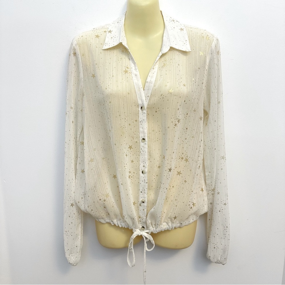 Hem & Thread Sheer Cream Blouse with Metallic Gold Stars